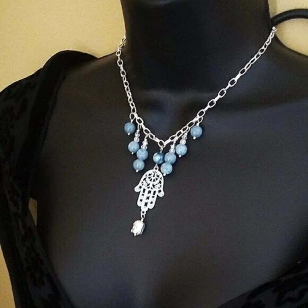 Boho Blue Agate & Patina Painted Hamsa Hand + Buddha - 20